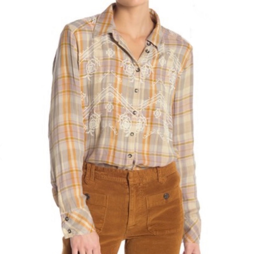 Free People Magical Plaid Embroider shirt size S